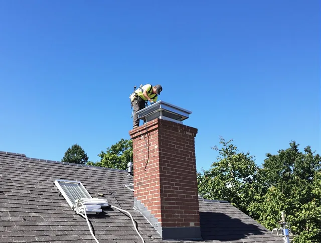 Glocester Chimney Sweep technician measuring a chimney cap in Glocester, RI