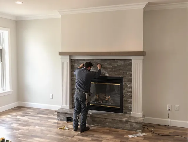 Glocester Chimney Sweep finishing a custom fireplace install in Glocester, RI